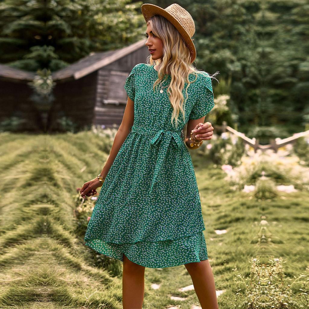 Женские летние плиссированные платья с высокой талией и круглым вырезом с принтом