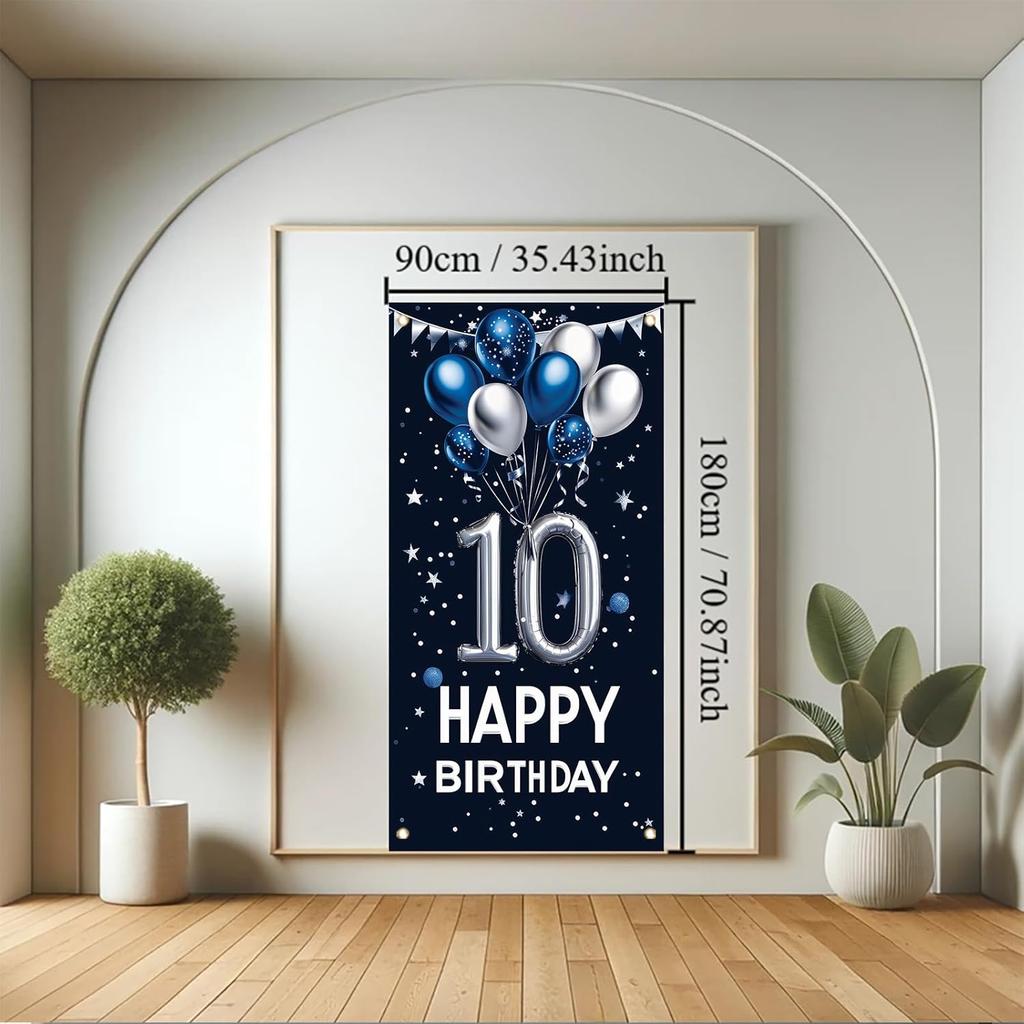 10th Birthday Door Cover Decoration 71 x 35 Inch Blue and Silver Balloon Banner for Tenth Birthday Party Supplies Happy 10 Years Old Photo Booth