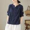 Summer Cotton Linen Jacquard Embroidered T-shirt Artistic Retro Casual Versatile Top for Women Blouses & Shirts