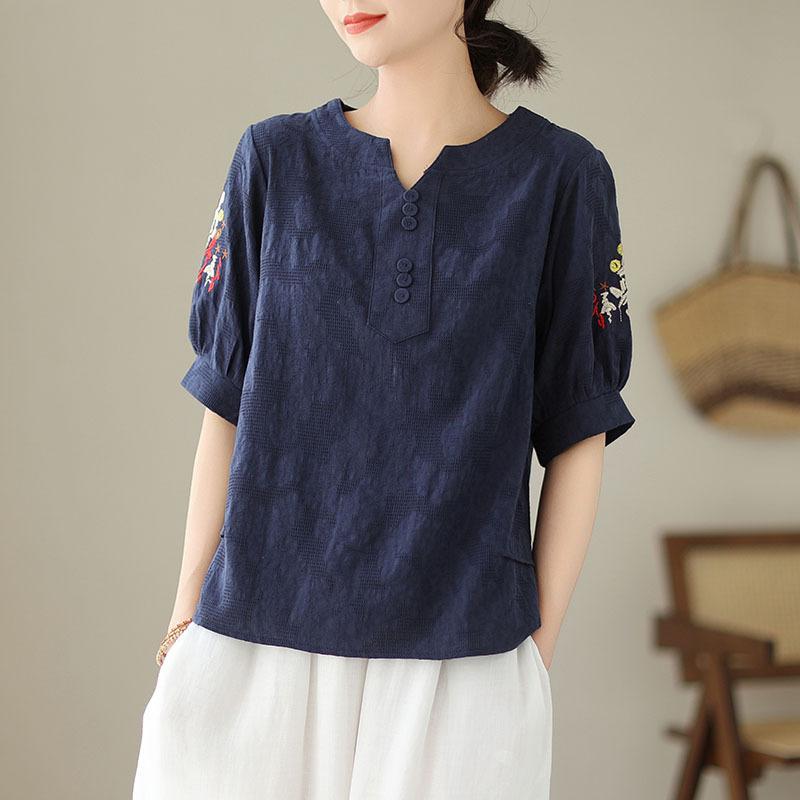 Summer Cotton Linen Jacquard Embroidered T-shirt Artistic Retro Casual Versatile Top for Women Blouses & Shirts