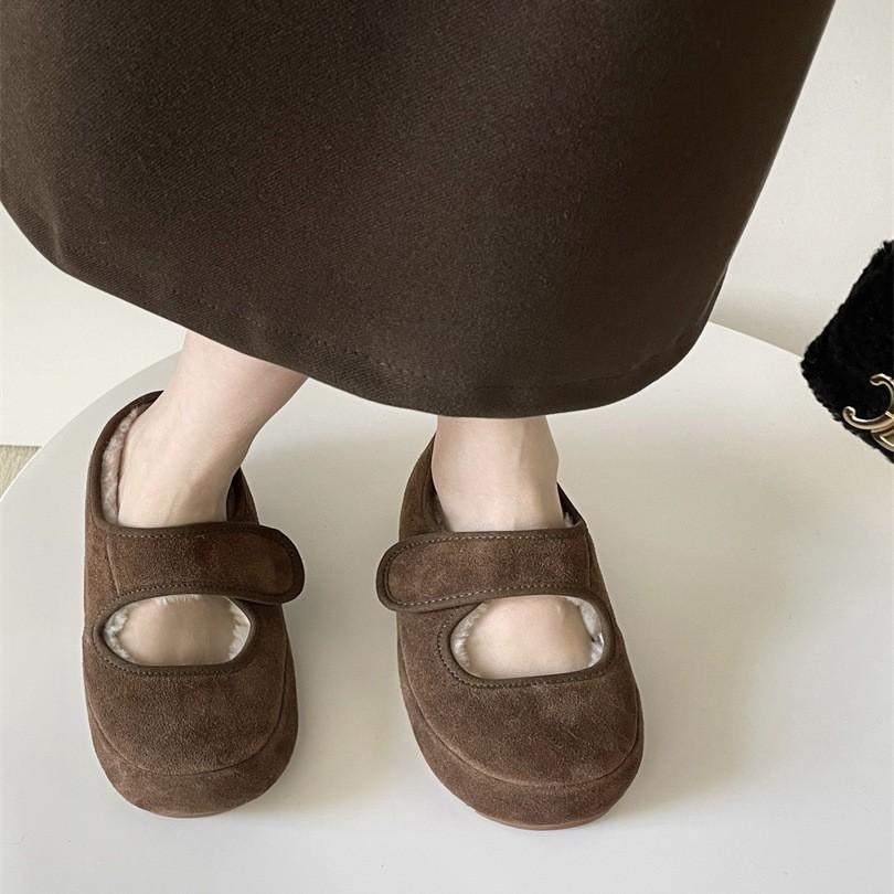 Шерстяные ретро Мэри Джейн на плоской подошве Шерстяные одинарные туфли женские 2025 осень и зима бархатные туфли Birkenbeanie