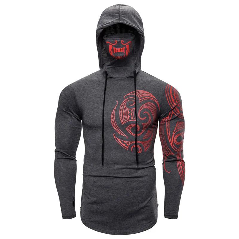 Men Trend With Mask Hood Sweatshirt Elastic Fitness Tattoo Print Hooded Sweat Homme Mens Hip Hop Ninja Suit Streetwear