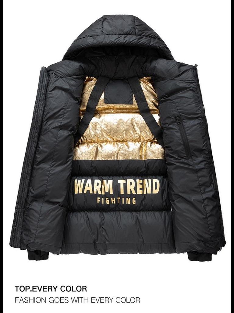 Мужская универсальная зимняя куртка из хлопка с капюшоном, черная с золотом — плотная, теплая, в студенческом стиле