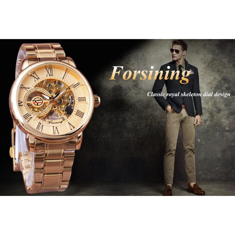 Forsining Часы Мужские модные повседневные золотые часы со стальным ремешком скелетонизированные механические часы