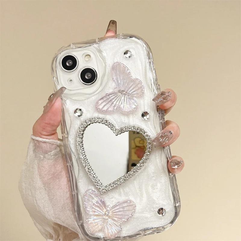Diamond Bling Glitter Butterfly 3D Phone Case For iPhone 14 13 12 11 15 Pro Max X XR XS Silicone Love Heart Makeup Mirror Cover