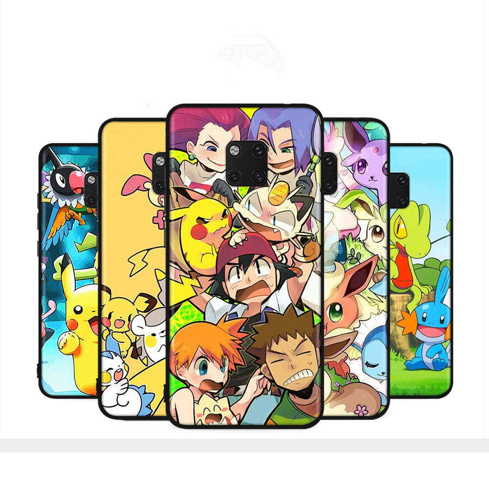 Чехол PK18 Pokemon Black Sofe для iPhone 16 15 Plus 14 13 Pro 8 SE XR XS Max P30 Nova 5T Y5P Y6 Y7 Y8P Y9 Realme C30 C33 C31 VIVO Y36 V27