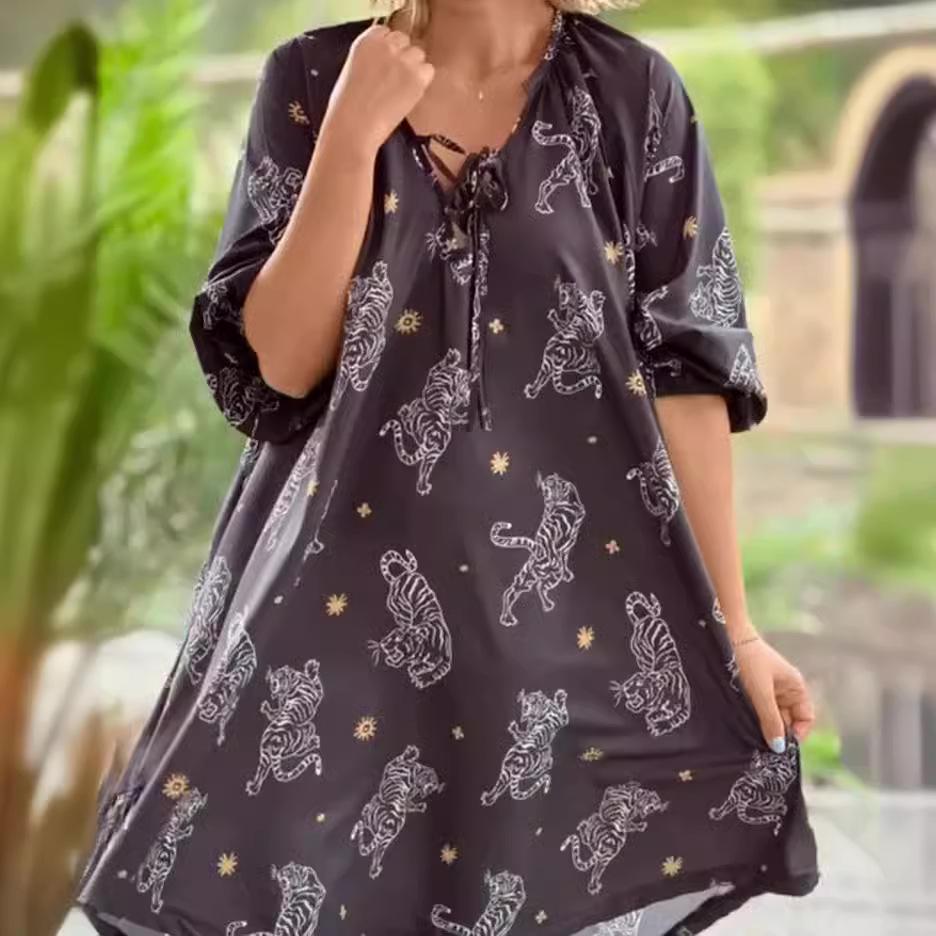 Летние платья в стиле бохо для женщин, повседневное платье с V-образным вырезом и длинным рукавом, свободное пляжное праздничное платье, женское повседневное короткое платье в стиле бохо