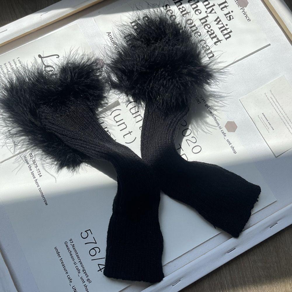 Эластичные вязаные митенки с перьями, длинные варежки, перчатки без пальцев, Y2K, теплые рукава, для вечеринки девочки