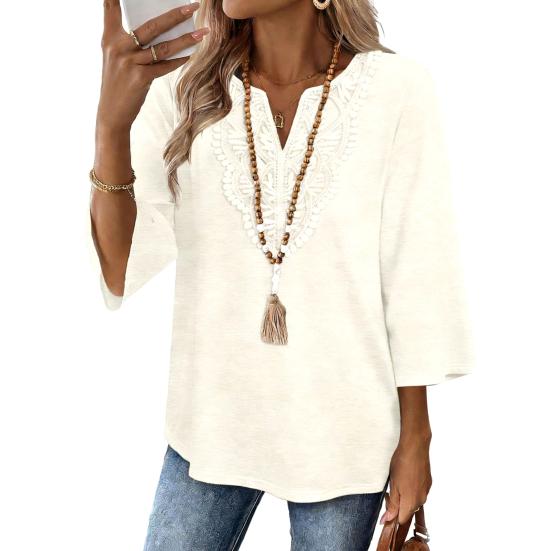 Женские топы с рукавом три четверти, V-образным вырезом, с узором из ажурной вышивки, свободного кроя, повседневная блузка, для повседневной носки