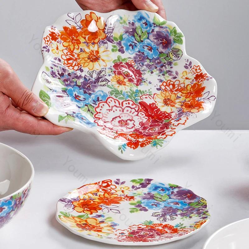 Цветная роспись Цветочные керамические миски Креативные необычные рестораны Фруктовая салатница Изысканная миска Набор тарелок Бытовая посуда