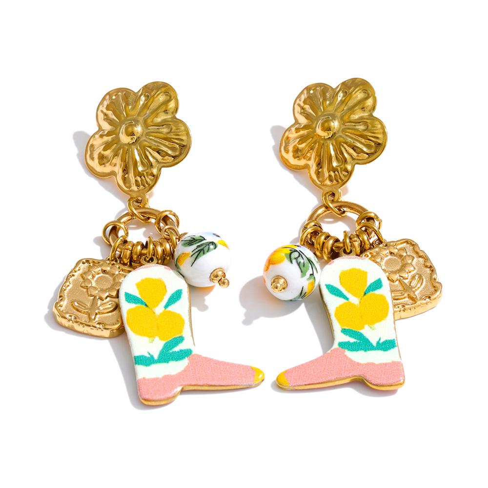 Yhpup Stainless Steel Ceramic Flower Shoes Drop Charm Earrings Spring Summer Creative Handmade Jewelry 2026 18K Gold PVD Plated