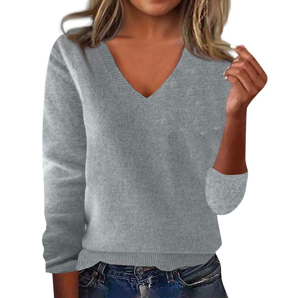 Women's Fashion Loose V-Neck Long Sleeve Bottom Shirt Top Knitted Sweater
