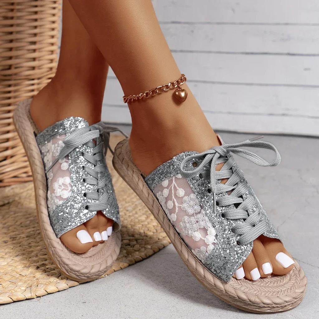 Summer Women's Casual Slippers Shoes Open Toe Flower Shoes Lace Up Mesh Flip Flops Luxury Sandals 2024 New Style Comfortable