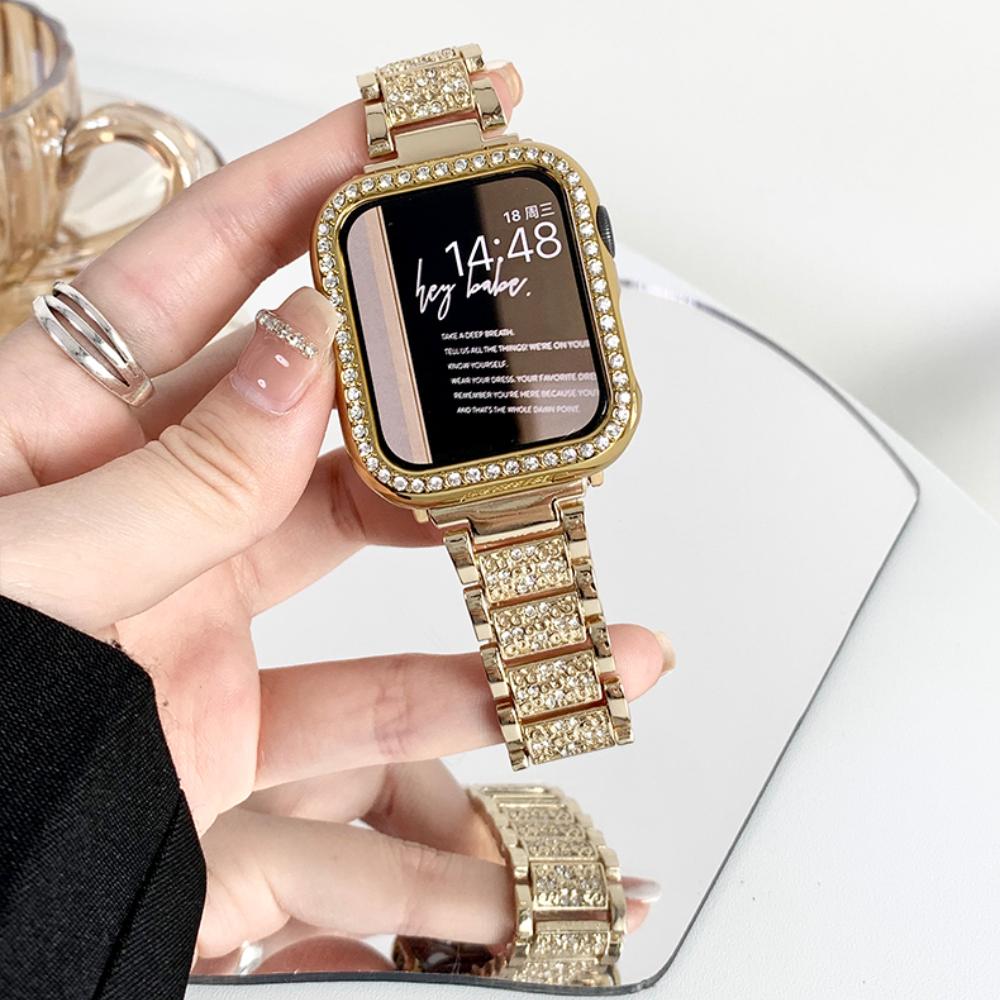 Чехол с бриллиантами + ремешок для Apple Watch Series 8, 7, 41 мм, ультра, 49 мм, 45 мм, ремешок из нержавеющей стали для iwatch 9 se 6, 5, 4, 3, 40 мм, 44 мм, 38 мм, 42 мм, металлический ремешок для часов