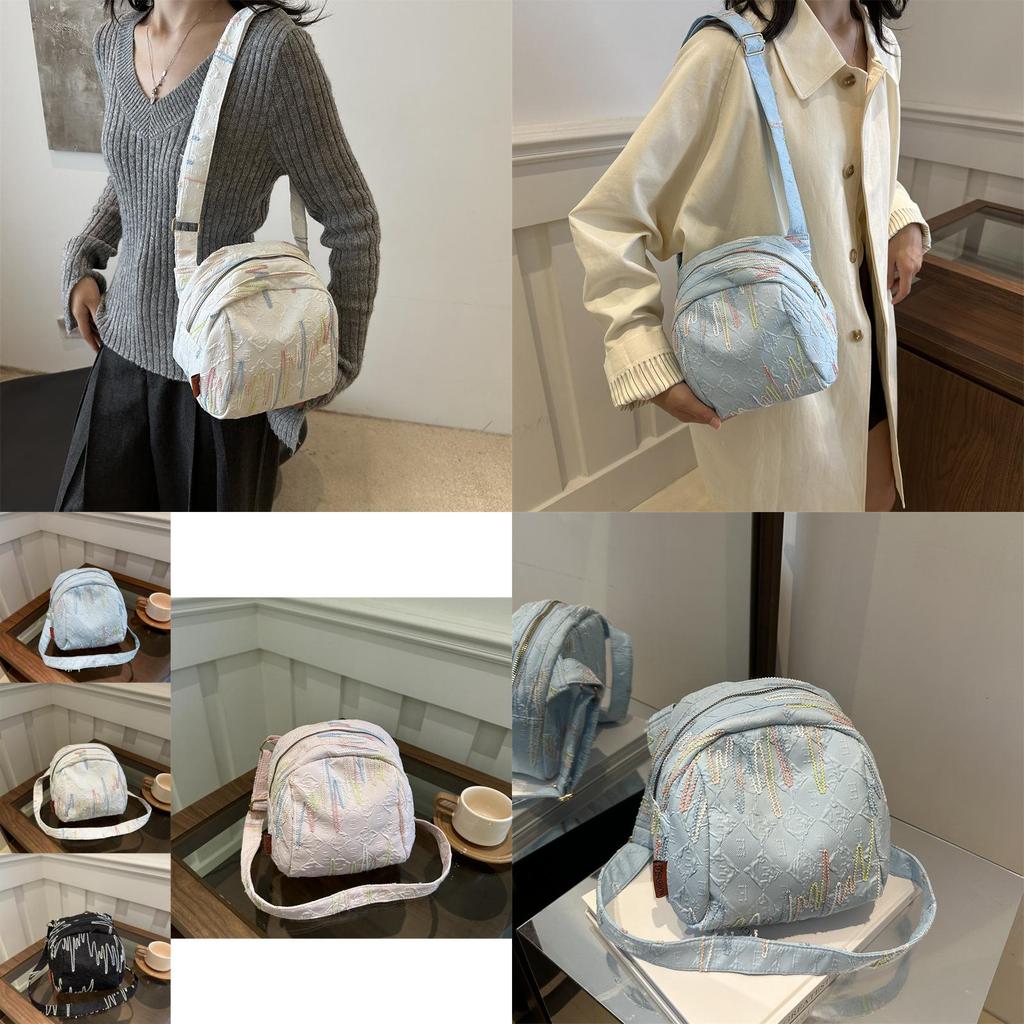 Large Capacity Trendy Canvas Shoulder Bag For Stylish Girls With Round Shape Design In Black White Blue And Pink
