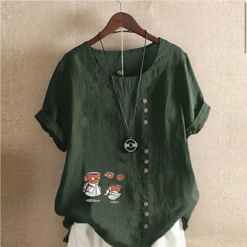 Женская модная футболка с круглым вырезом и коротким рукавом, повседневная хлопковая льняная рубашка с рисунком, свободная летняя блузка с принтом для отдыха, летняя блузка с принтом