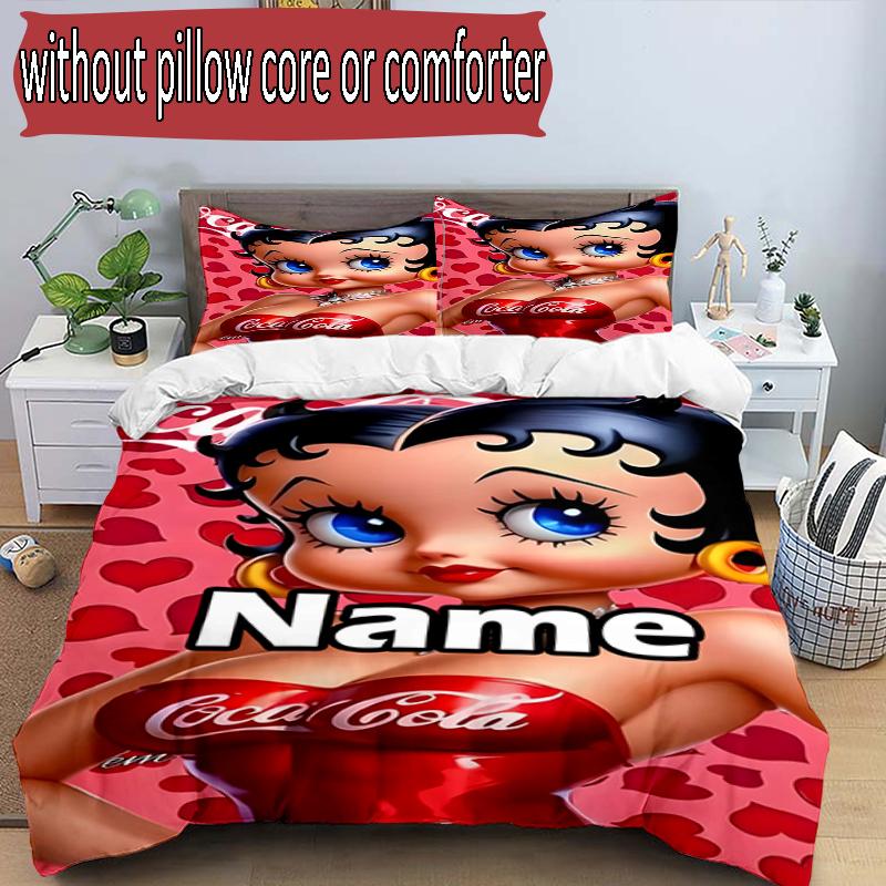 3pcs Duvet Cover Set (1*Duvet Cover + 2*Pillowcase, Without Core), Custom Name Betty Boop Pattern Bedding Set, Home Bedroom Decor Gift