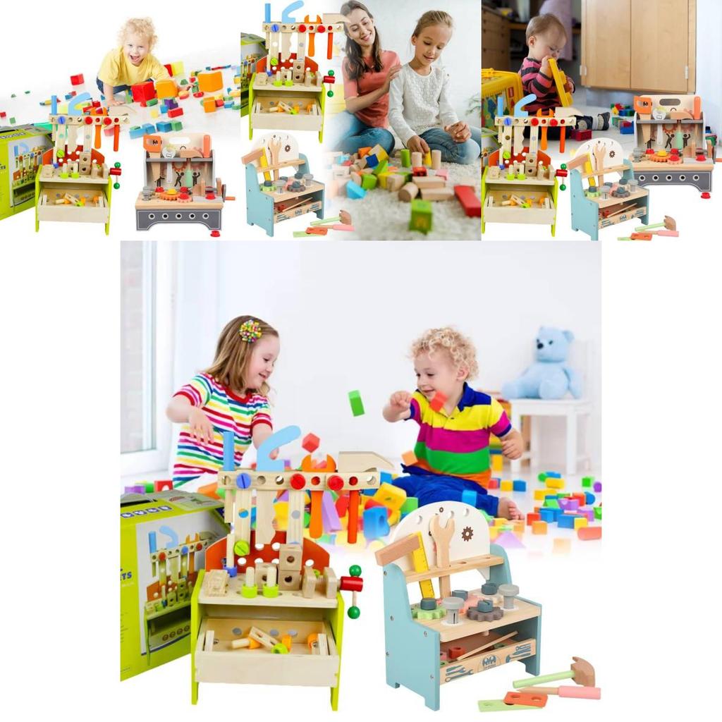 Красочный Деревянный Верстак с Инструментами Интерактивная Развивающая Игрушка для Детей 4-6 лет