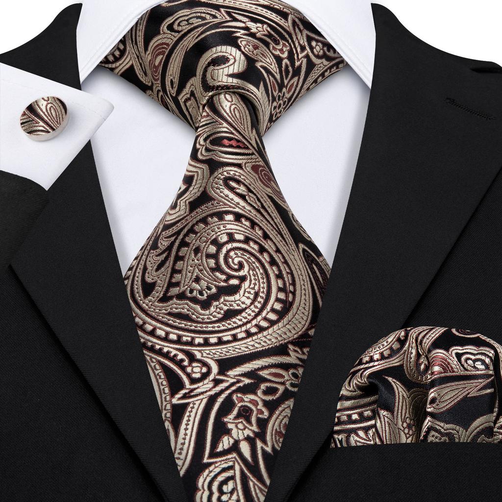 Hi-Tie Dark Gold Plaid Jacquard Mens Silk Tie Classic Necktie Cufflink Hanky Set
