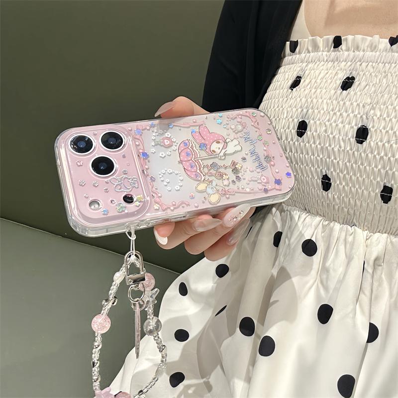 New My Melody Kawaii Glitter Phone Case With Wrist Strap For iPhone 15 16 17 Pro Max INS Pink Cute Shockproof Protective Cover