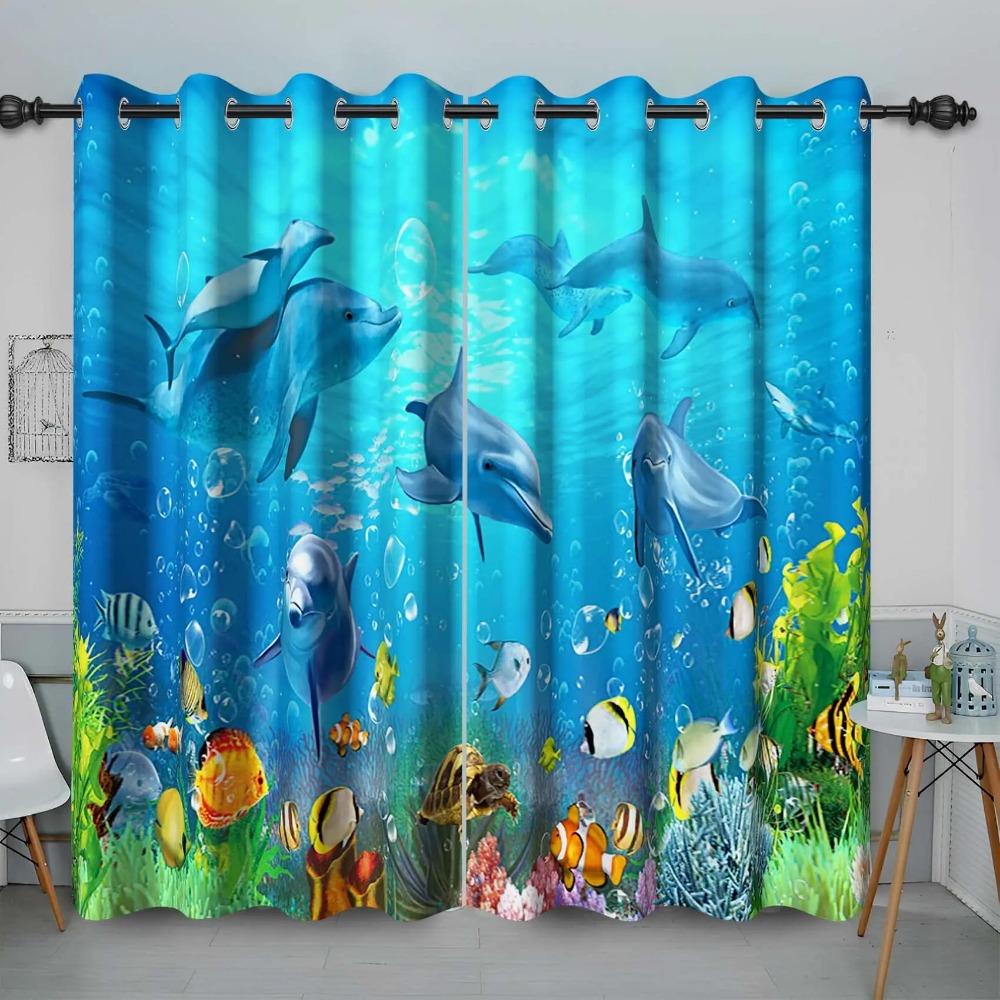 Cute Cartoon Dolphin Curtains Grommet Light Filtering Window Print Pattern Sea Animal Theme Curtain Bedroom Living Room 2 Panels