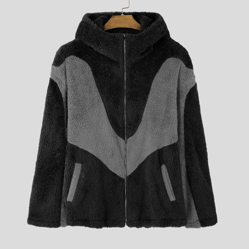 INCERUN Мужские толстовки с длинным рукавом и молнией с мехом, повседневные толстовки с высоким воротом в стиле пэчворк