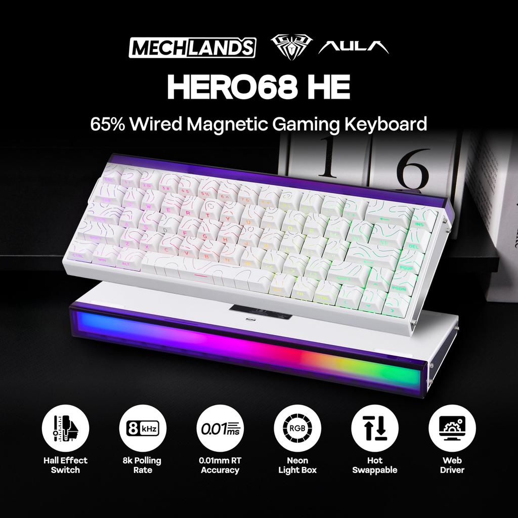 Игровая проводная магнитная клавиатура MechLands Aula Hero68 HE с эффектом быстрого отверстия, регулируемой RGB-подсветкой 8 кГц, переключателями, срабатыванием 0,01 мм,