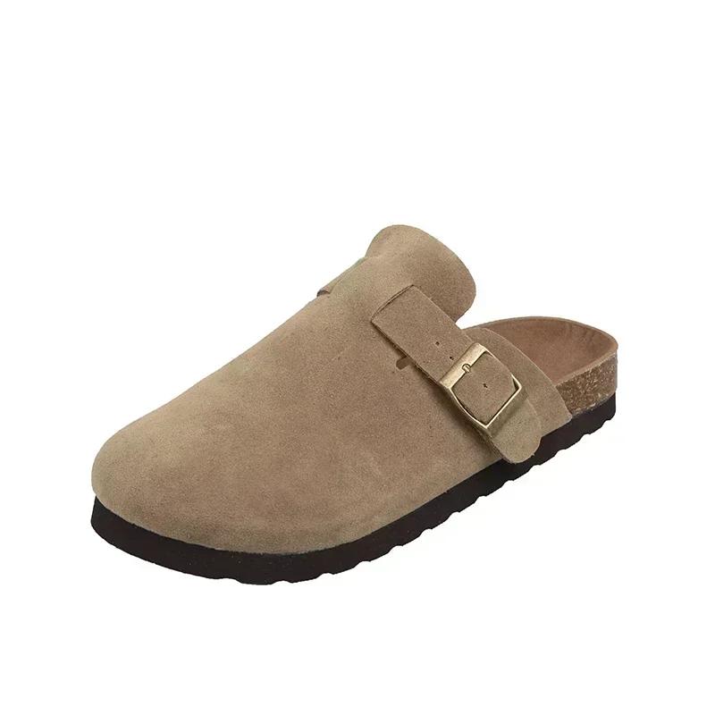 Модные женские тапочки с пряжкой на ремне, замшевые сабо на плоской подошве, весна-осень 2024, уличные тапочки с закрытым носком, однотонные женские тапочки