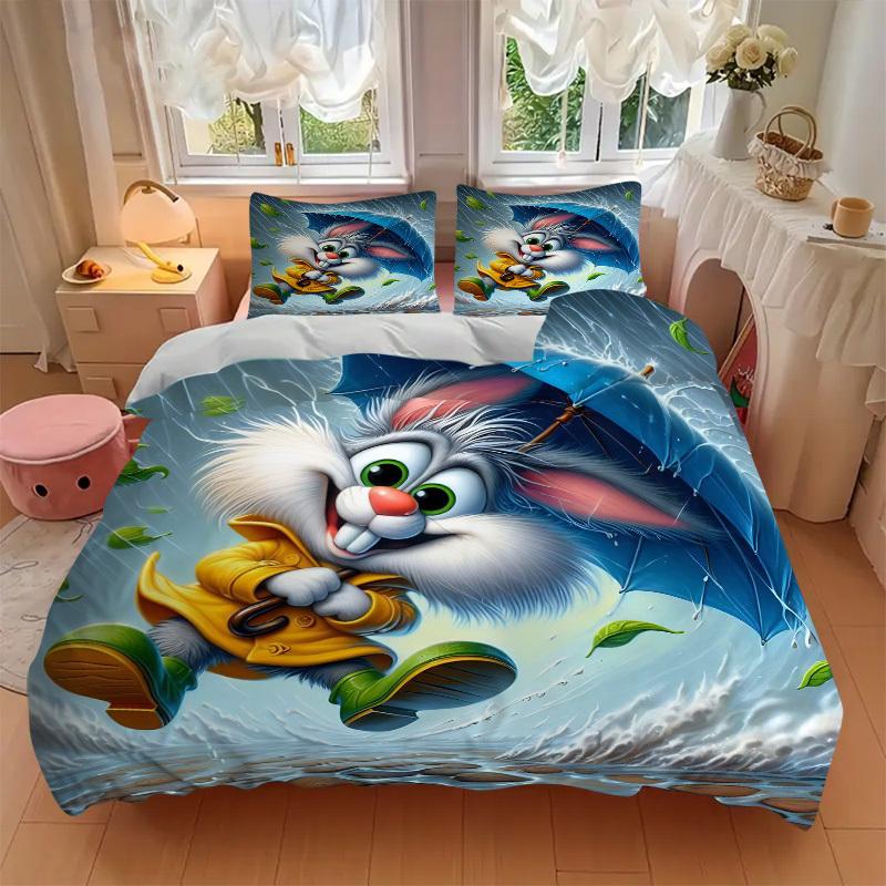 3pcs Anime Bunny Comforter Set with Two Pillowcases (No Core) - Home Decor, Festival Gift, Polyester Fabric, Cartoon Design for Bedroom and Guest