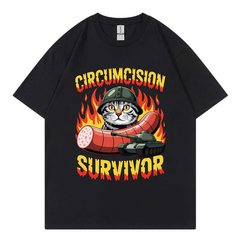 Circumcision Survivor Funny Cat Meme Graphic T Shirts Harajuku Y2k Short Sleeve Tshirts Men Women Casual Loose Cotton Tshirt