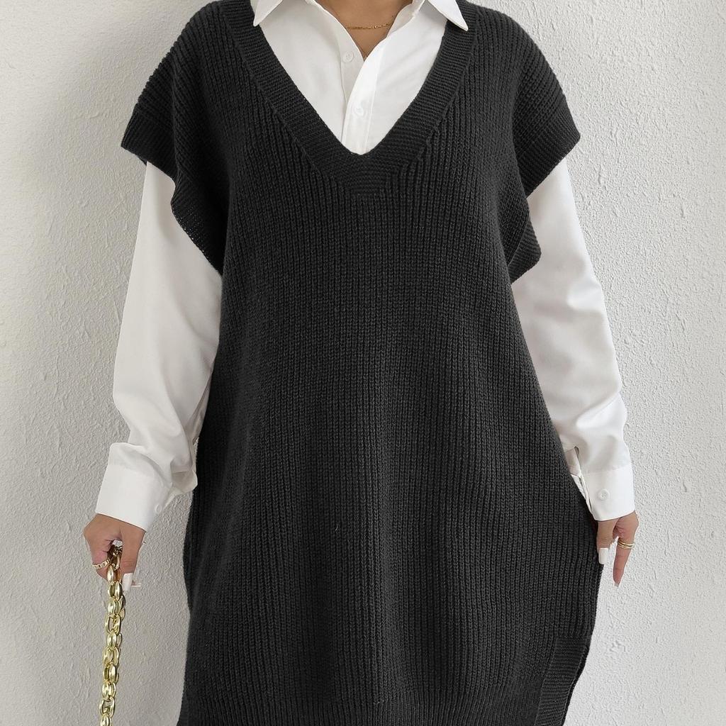 A Lady's Long Waistcoat, Deep V Loose Casual Sweater, Vest Dress