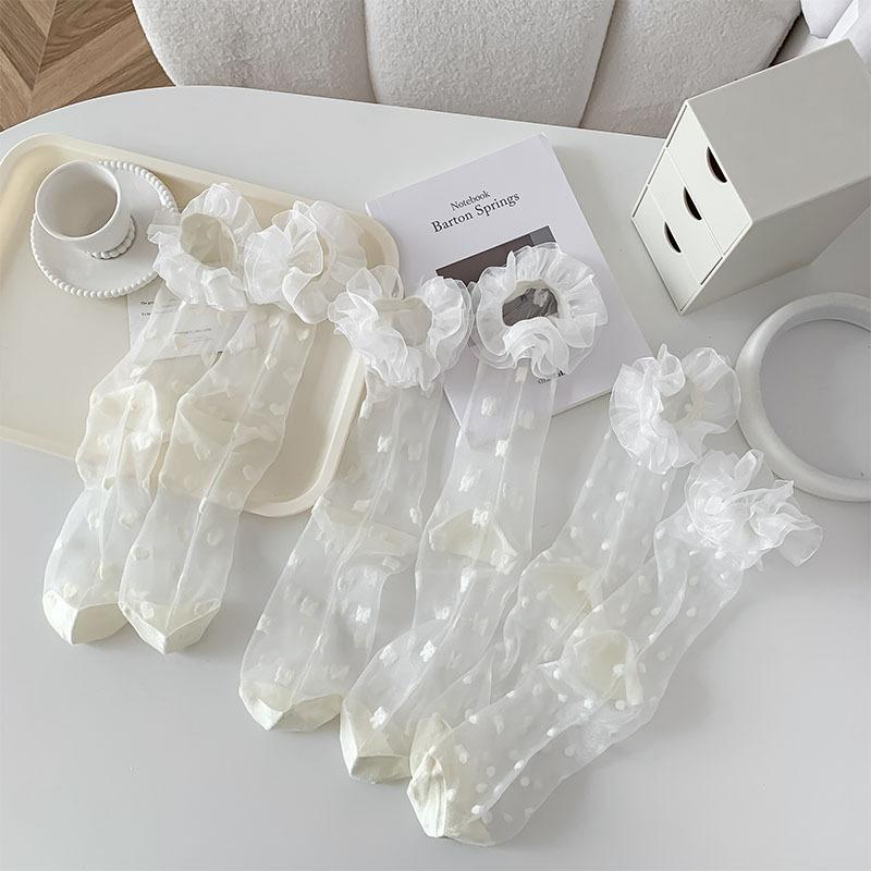 Носки из шёлка с кристаллами и принтом в виде сердца, милые носки для девочек в стиле кавайи с оборками, женские летние ультратонкие прозрачные эластичные длинные носки в горошек