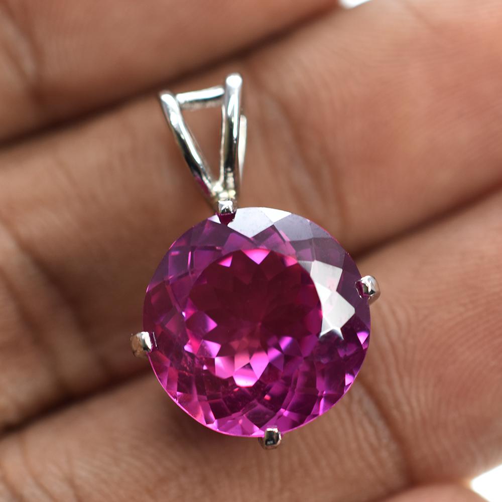 Natural Pink Ruby Pendant Round Cut 17.7 Ct AA+ 925 Sterling Sliver