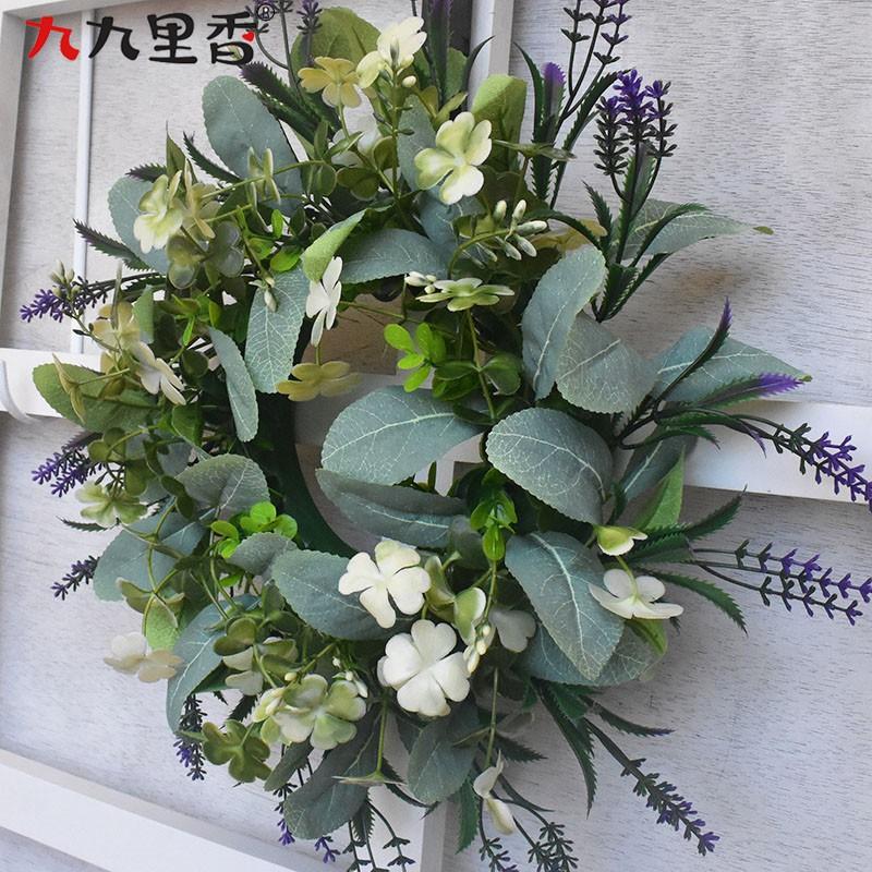Small Artificial Wreath With Bunny Tail Leaves Eucalyptus Door Decor Purple Plastic Floral Garland