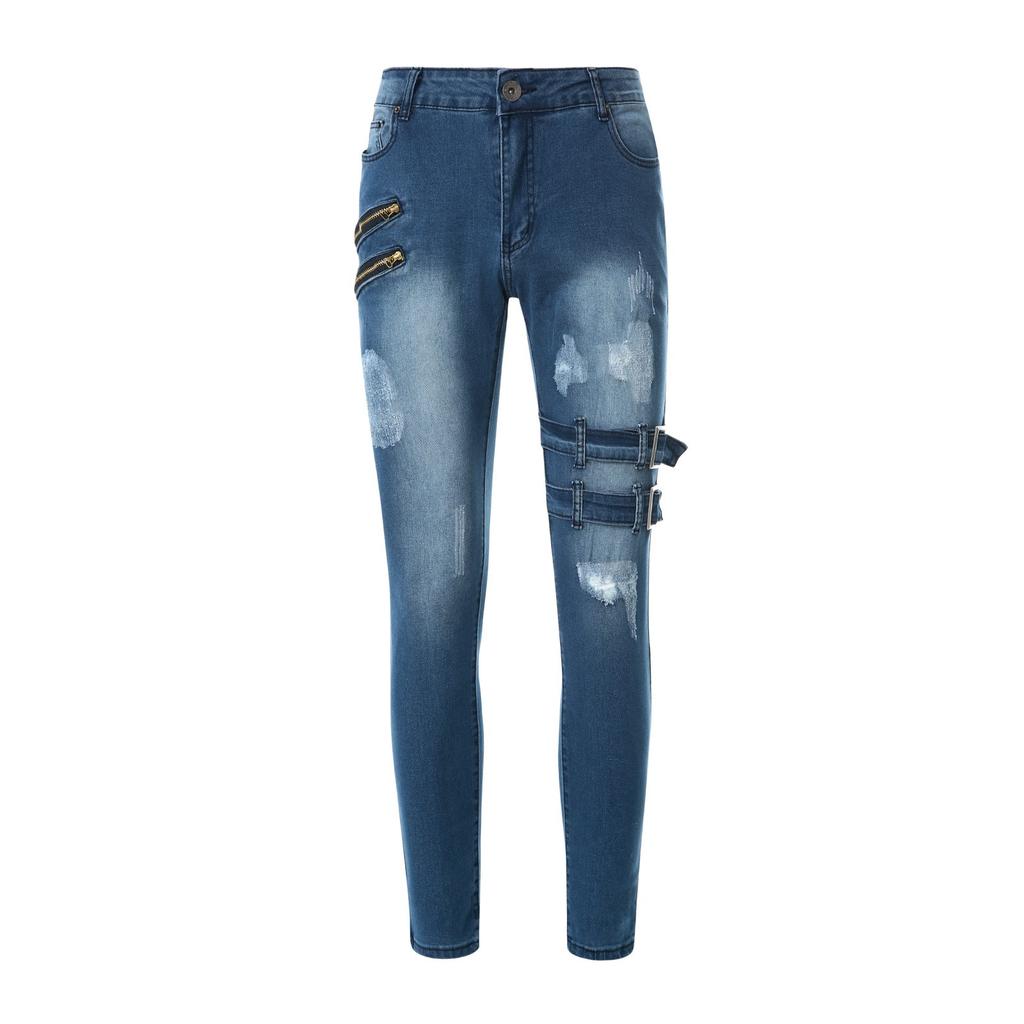 Men Jeans Solid Color Ripped Holes Frayed Gradient Washed Trousers