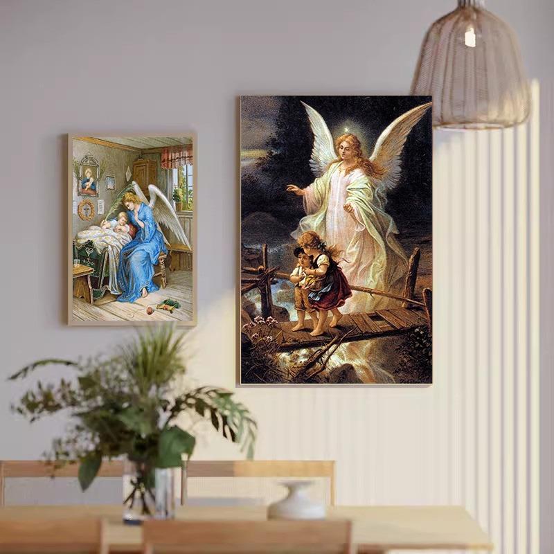 Vintage Guardian Angel Canvas Printmaking Gallery Decoration Angel Mom and Children Living Room Home Canvas Painting Wall Art