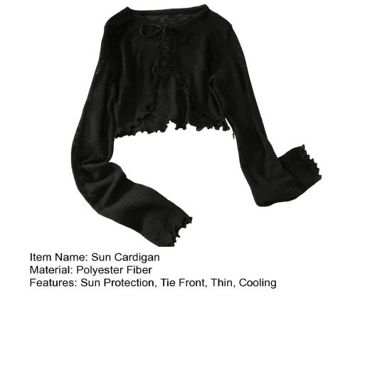 Солнцезащитный трикотажный кардиган для женщин с завязками спереди, длинными рукавами, прозрачной сеткой, пляжной накидкой с оборками и тонкими рубашками с защитой от ультрафиолета