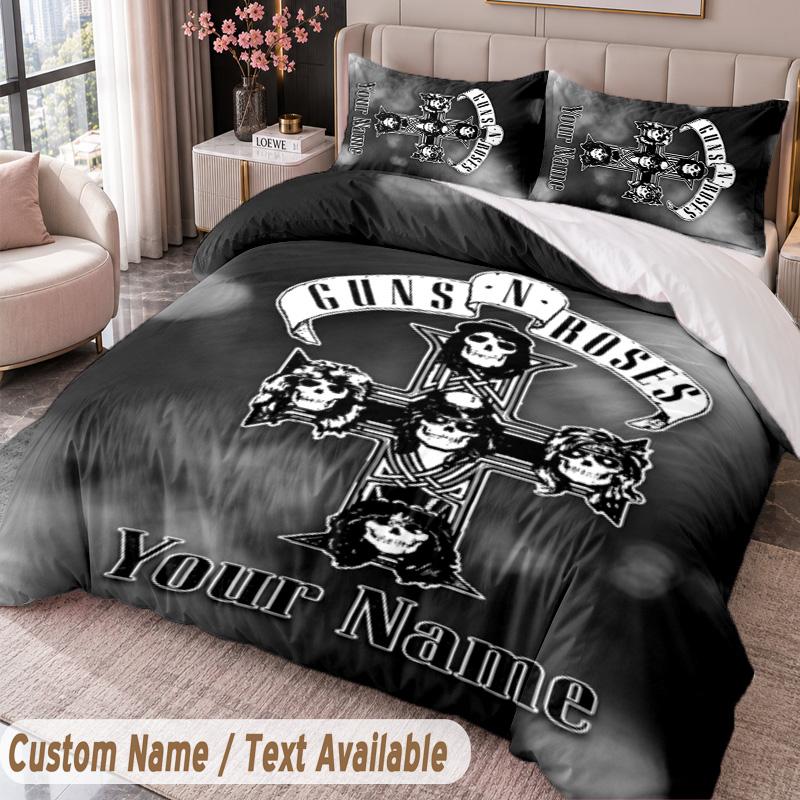 Guns N’ Roses Printed Bedding Set Custom Name Text 1 Duvet Cover 2 Pillowcases For Bedroom