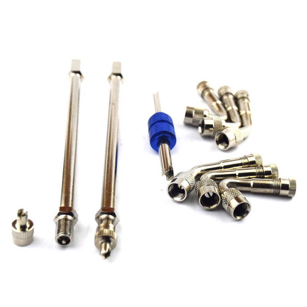 Набор из 9 латунных удлинительных стержней для накачивания шин и металлического переходника для подключения бескамерных вентилей на автомобилях и мотоциклах.