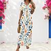 Women Plus Size V Neck Short Sleeve Floral Printed Navy Blue Straight Long Dress