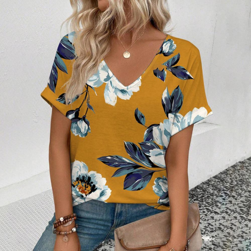Топ для женщин, летняя женская футболка с V-образным вырезом, футболка с принтом в стиле ретро и цветочным узором, модная женская футболка для отдыха с коротким рукавом