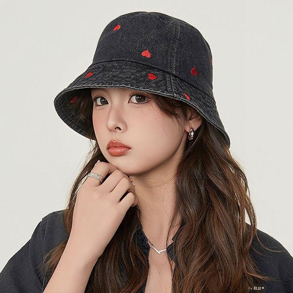 Love Heart Embroidery Denim Fisherman Hat Versatile Sun Protection Hat Fashion Bucket Hat Women