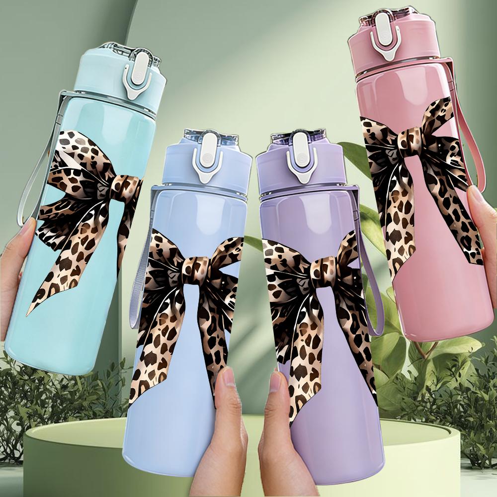 1PC Leopard Print Large Bow Graphic,750ml Color Plastic Sports Water Bottle,Leakproof Flip Straw Lid,Suitable for Sports Office Home Use