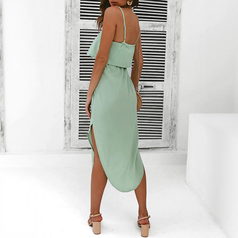 VEZFAA Women's Fashion Summer Spring Solid Color Print Sleeveless Suspenders High Waist Casual Dresses