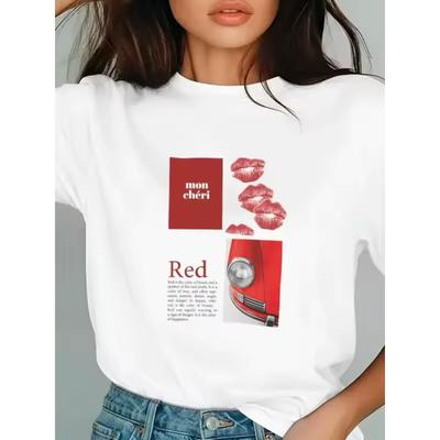 Women Retro Collage T‑Shirt Lips Car Letter Graphic Short Sleeve Tee Female Vintage Casual Tops