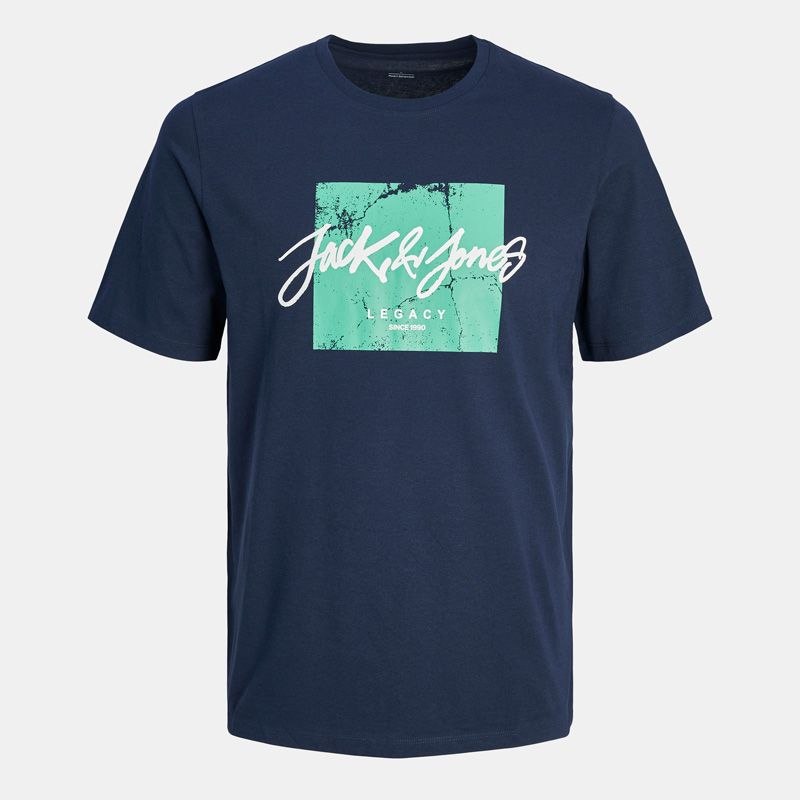 Темно-синяя футболка Tiley стандартного кроя с блочным принтом и логотипом, с круглым вырезом, мужская JACK & JONES