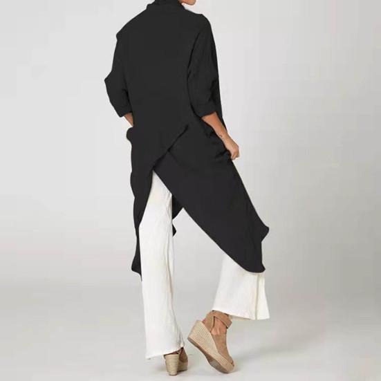 Женские топы, летние рубашки с рукавами, дизайн, нерегулярный спереди, сзади, разрез, V-образный вырез, длинные рубашки, однотонные