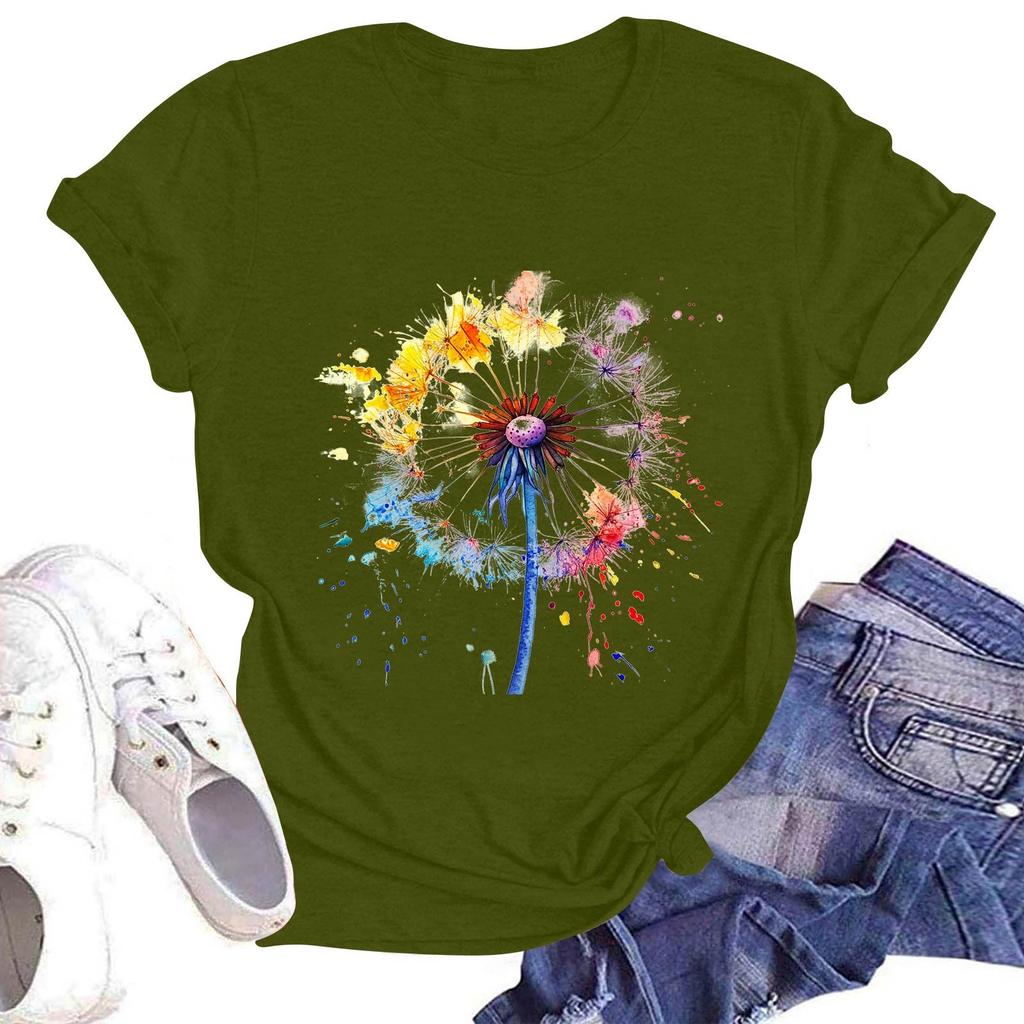 Women's Casual Round Neck Short Sleeve Pullover Printed T-Shirt Top