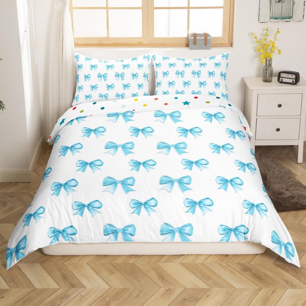 Cute Kawaii Bowknot Kids Duvet Cover Geometric Plaid Butterfly Knot Quilt Cover For Girls Teen Women Adults 3 Pcs No Quilt