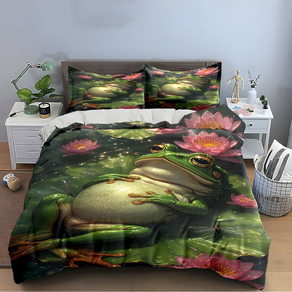 "Frog and Lotus Bed Set" Bedding Duvet Cover Set Duvet Cover Pillowcases (1 * Duvet Cover 2 * Pillowcases, without duvet insert)